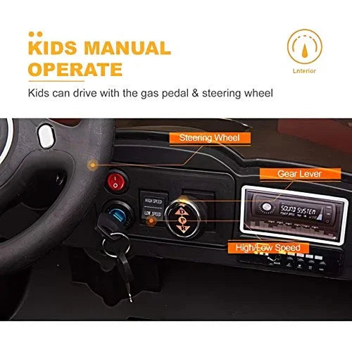 Kids electric ride-on car dashboard with steering wheel, gear lever, speed control, and stereo.