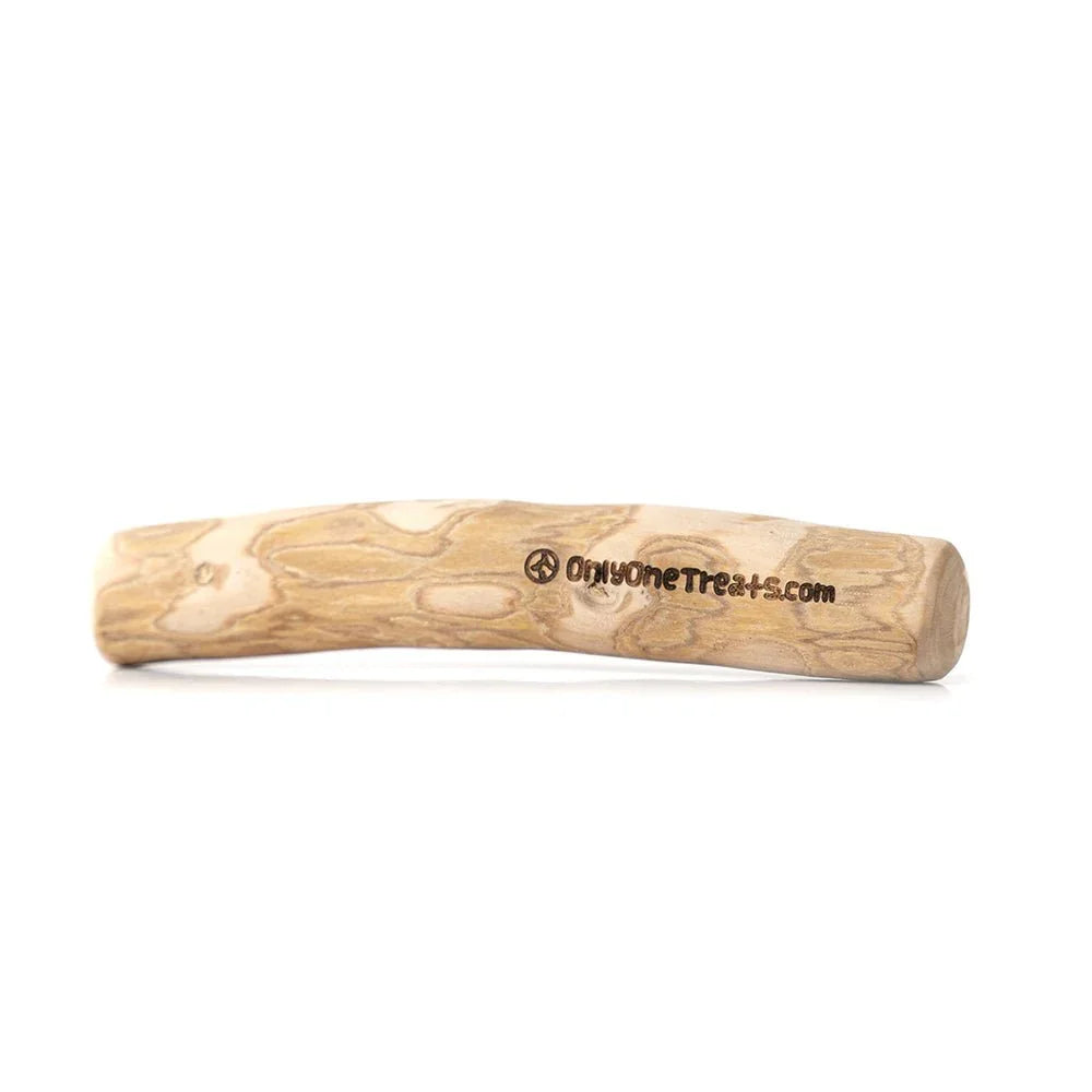 Small coffee wood dog chew stick with OnlyOneTreats.com logo on white background