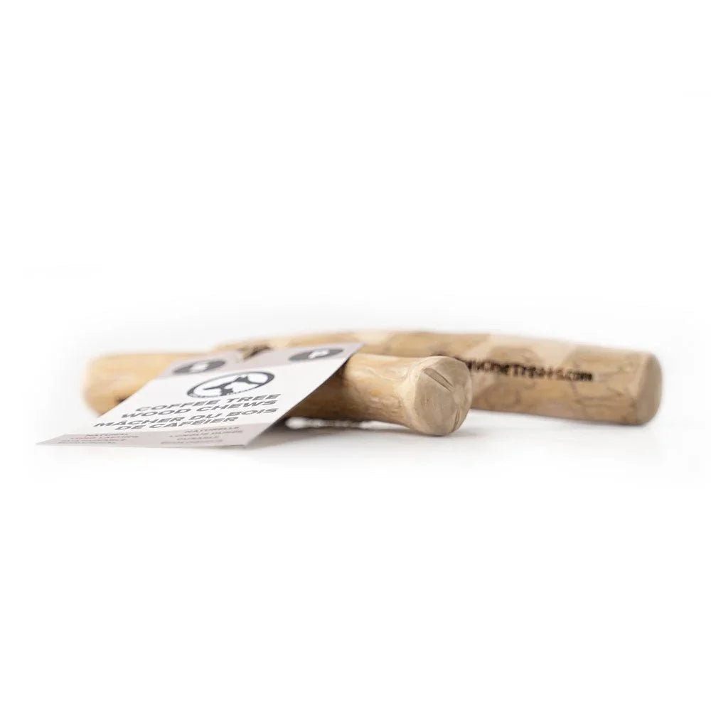 Small coffee wood chew stick with textured surface and product label on white background