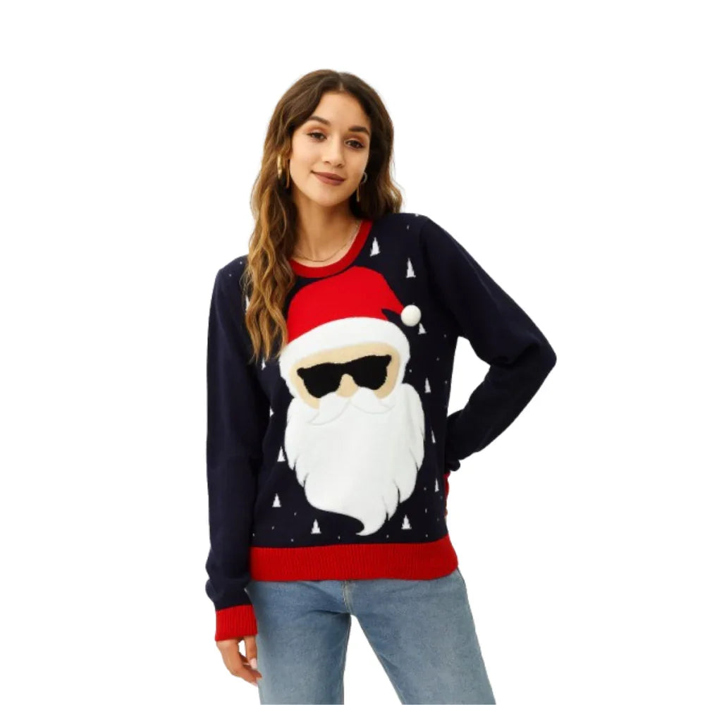 Woman wearing navy Christmas sweater with cool Santa Claus graphic, festive holiday outfit