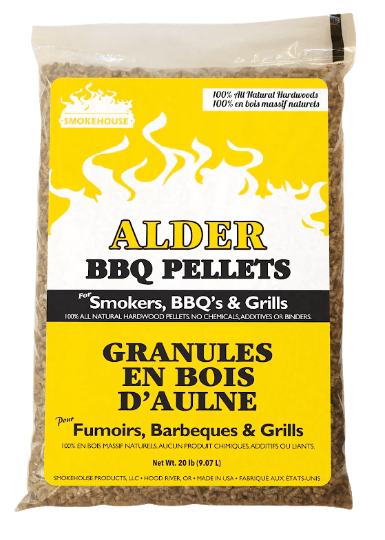 Smokehouse Alder BBQ pellets 20 lb bag for smokers grills, yellow packaging with flame graphic