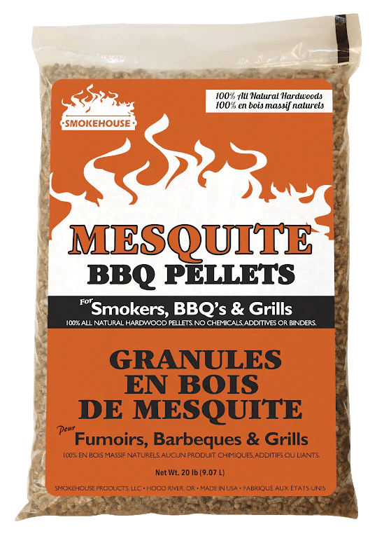 Bag of Smokehouse Mesquite BBQ pellets for smokers, BBQ grills, 20 lb, orange label