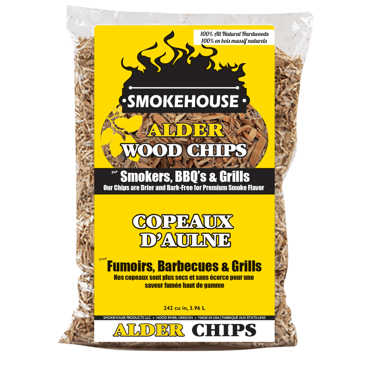 Smokehouse alder wood chips bag for smokers, BBQs, and grills with yellow label.