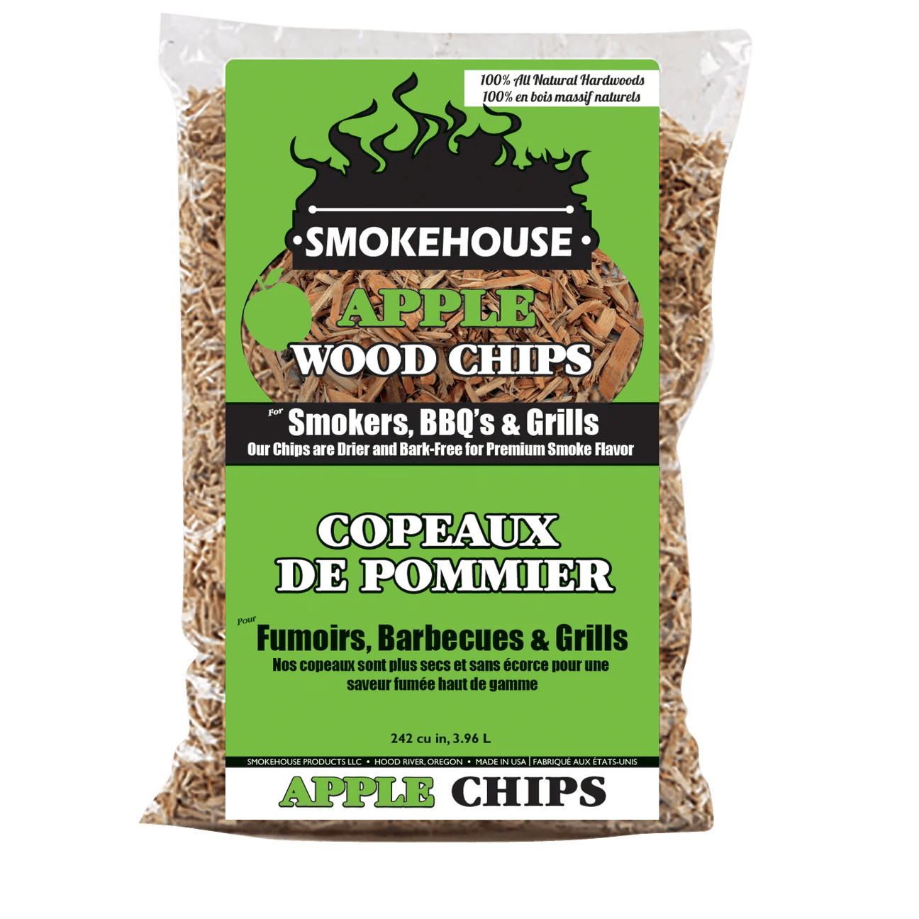 Smokehouse apple wood chips bag for smokers, BBQ grills, and barbecues, 3.96L packaging.
