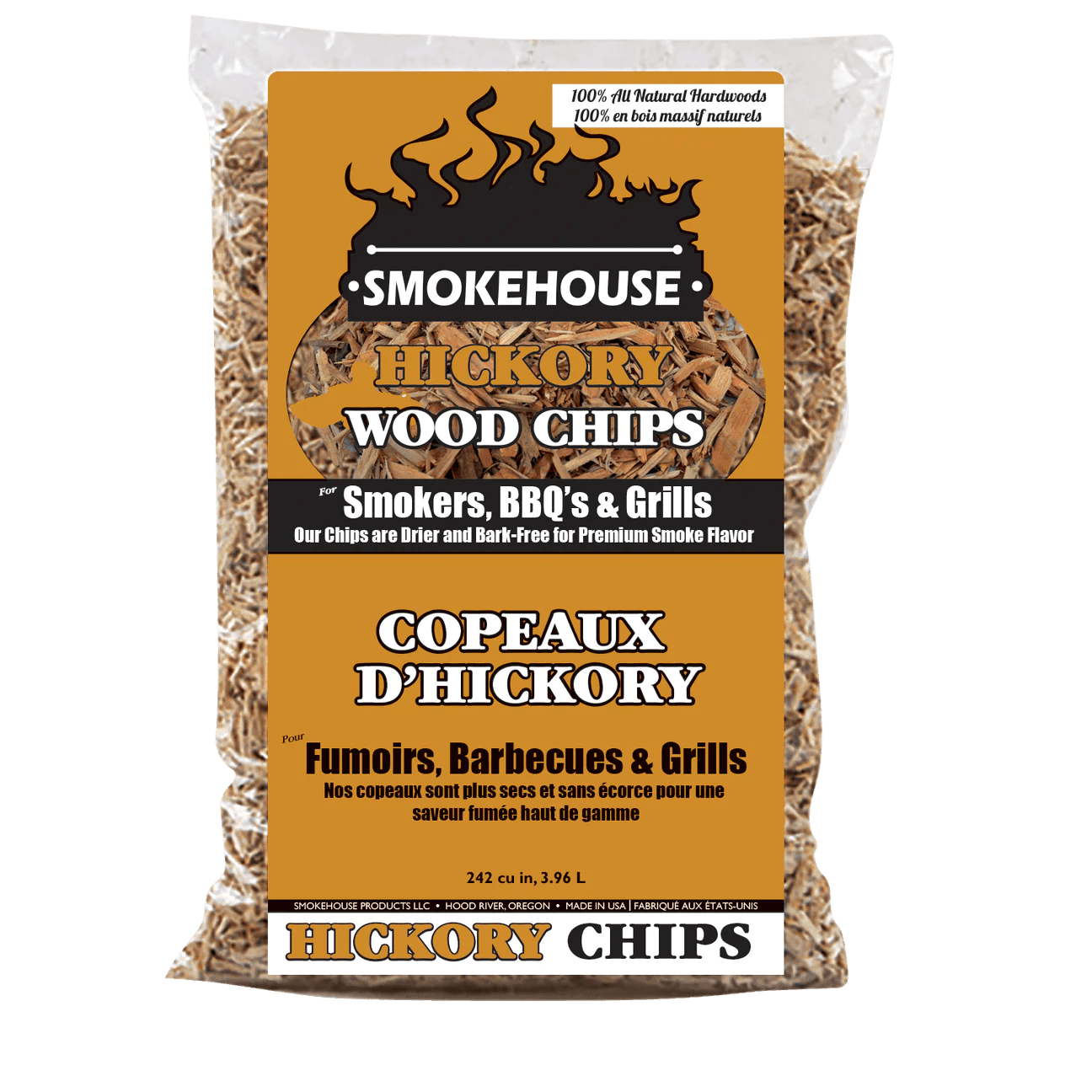 Smokehouse Hickory wood chips bag for BBQ, smokers, and grills, 242 cu in, bilingual label