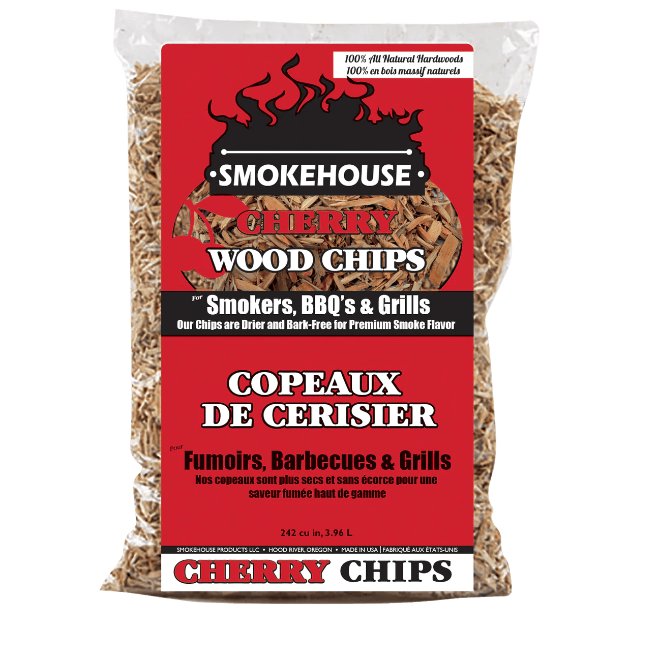 Smokehouse cherry wood chips bag for BBQ, grills, and smokers with red label