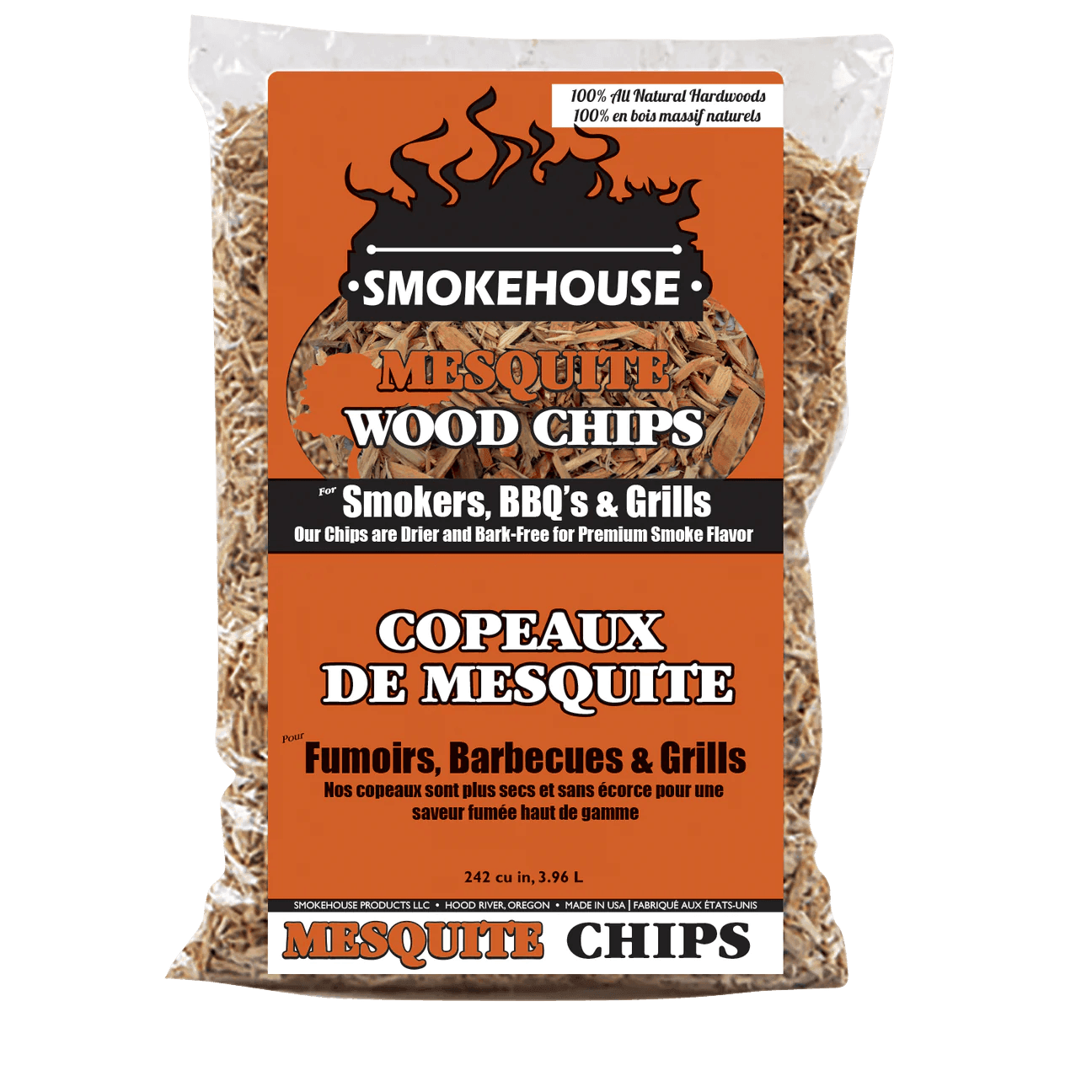 Smokehouse mesquite wood chips bag for smokers, BBQs, and grills, 242 cu in size.