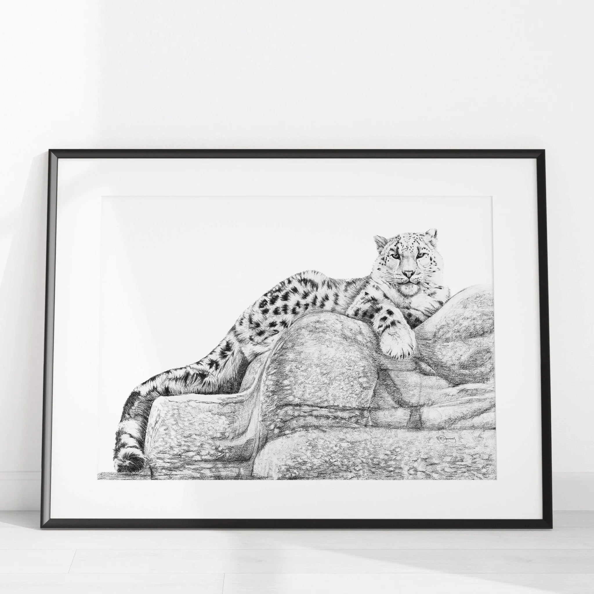 Black and white snow leopard illustration on rocks in a modern frame against white wall
