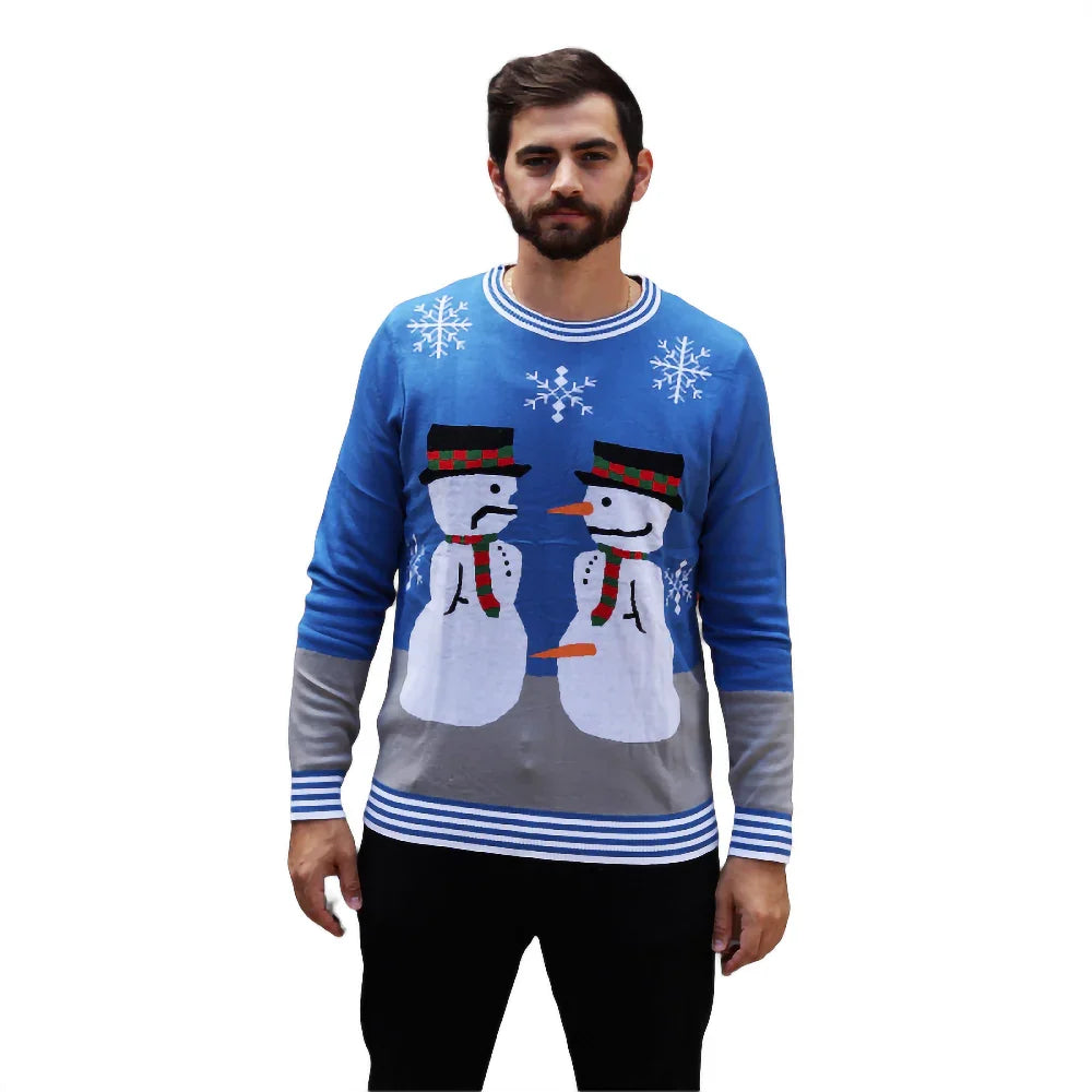 Man wearing blue ugly Christmas sweater with two snowmen, carrot noses, and snowflake design