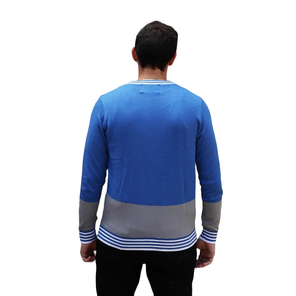 Man wearing blue and gray sweater with striped cuffs, shown from the back on white background