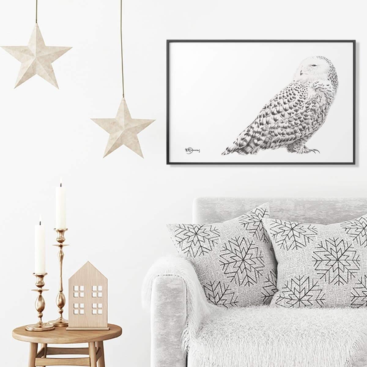 Snowy owl wall art in a Scandinavian living room with star decorations and cozy sofa