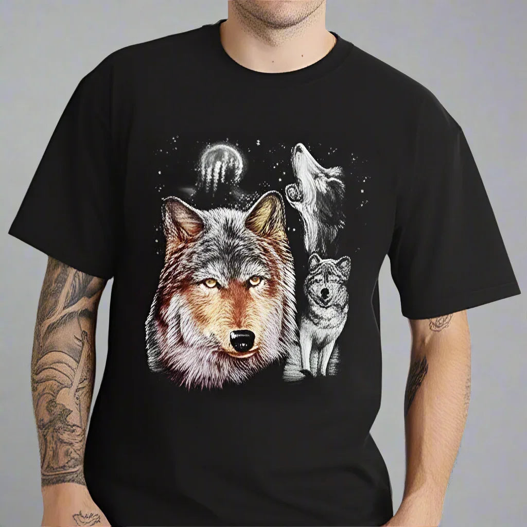 Black t-shirt with wolves graphic, including howling wolf and full moon design