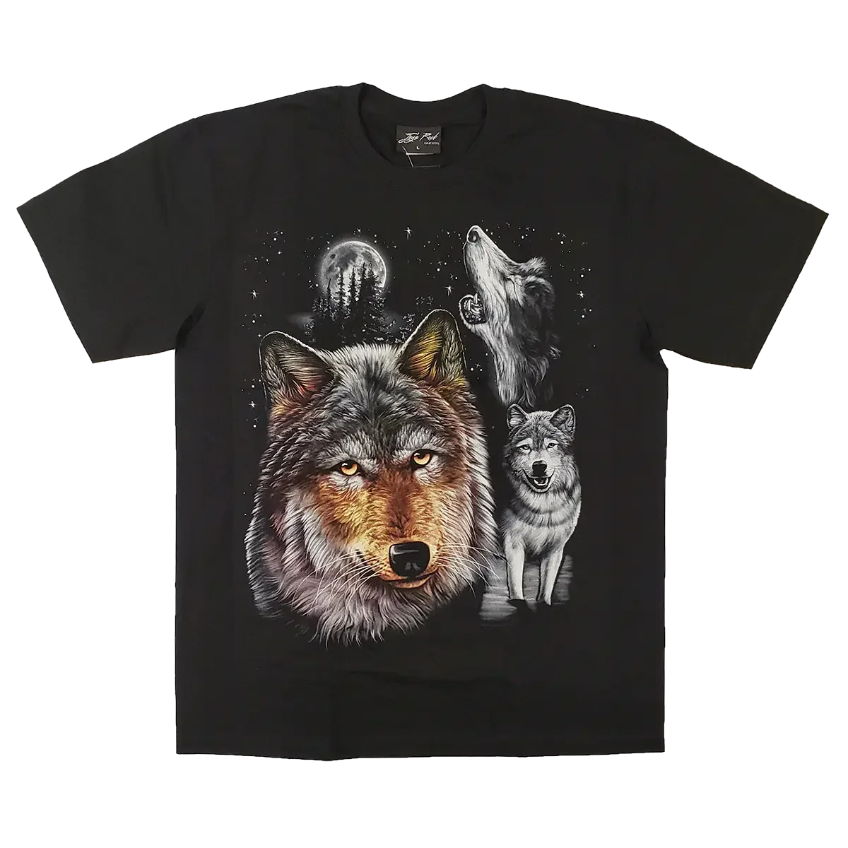 Men's black wolf graphic T-shirt featuring three wolves and a moon design