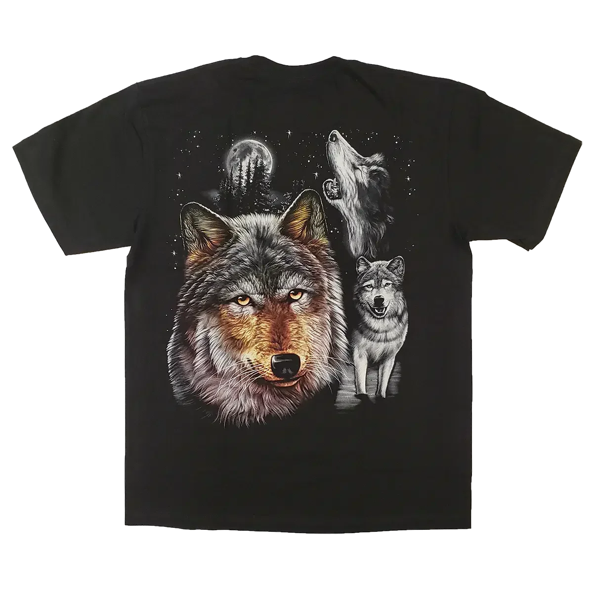 Men's black T-shirt with wolf design, howling wolf, full moon, graphic tee