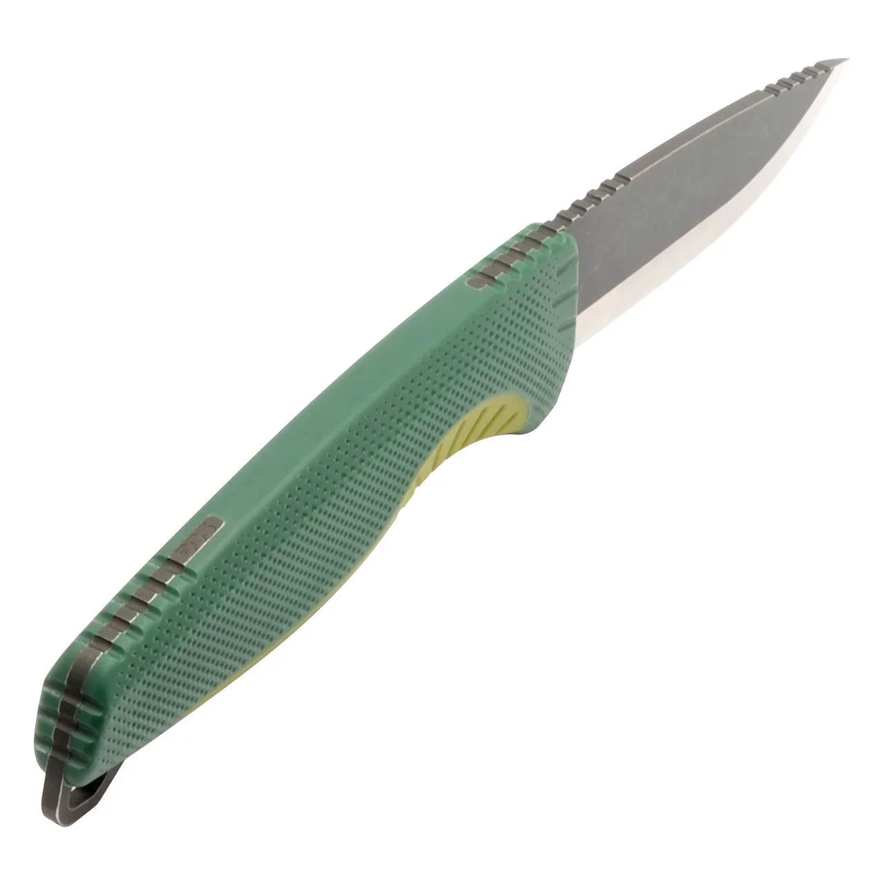 Fixed blade knife with green textured handle and stainless steel blade on white background