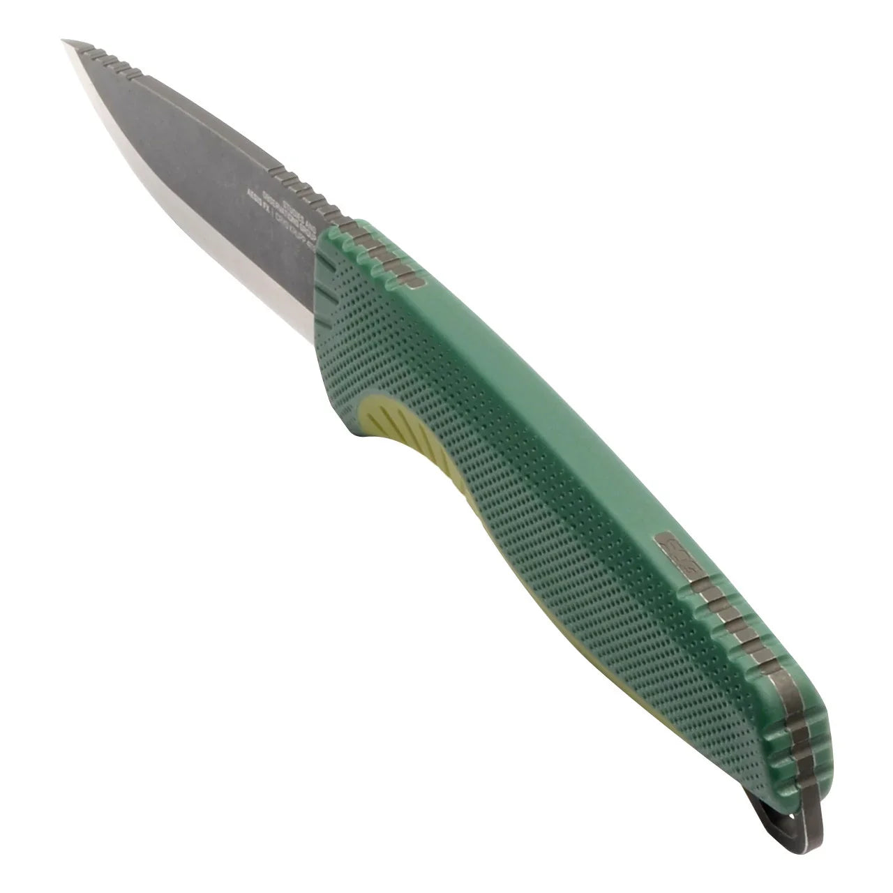 Green-handled fixed blade knife with textured grip on white background