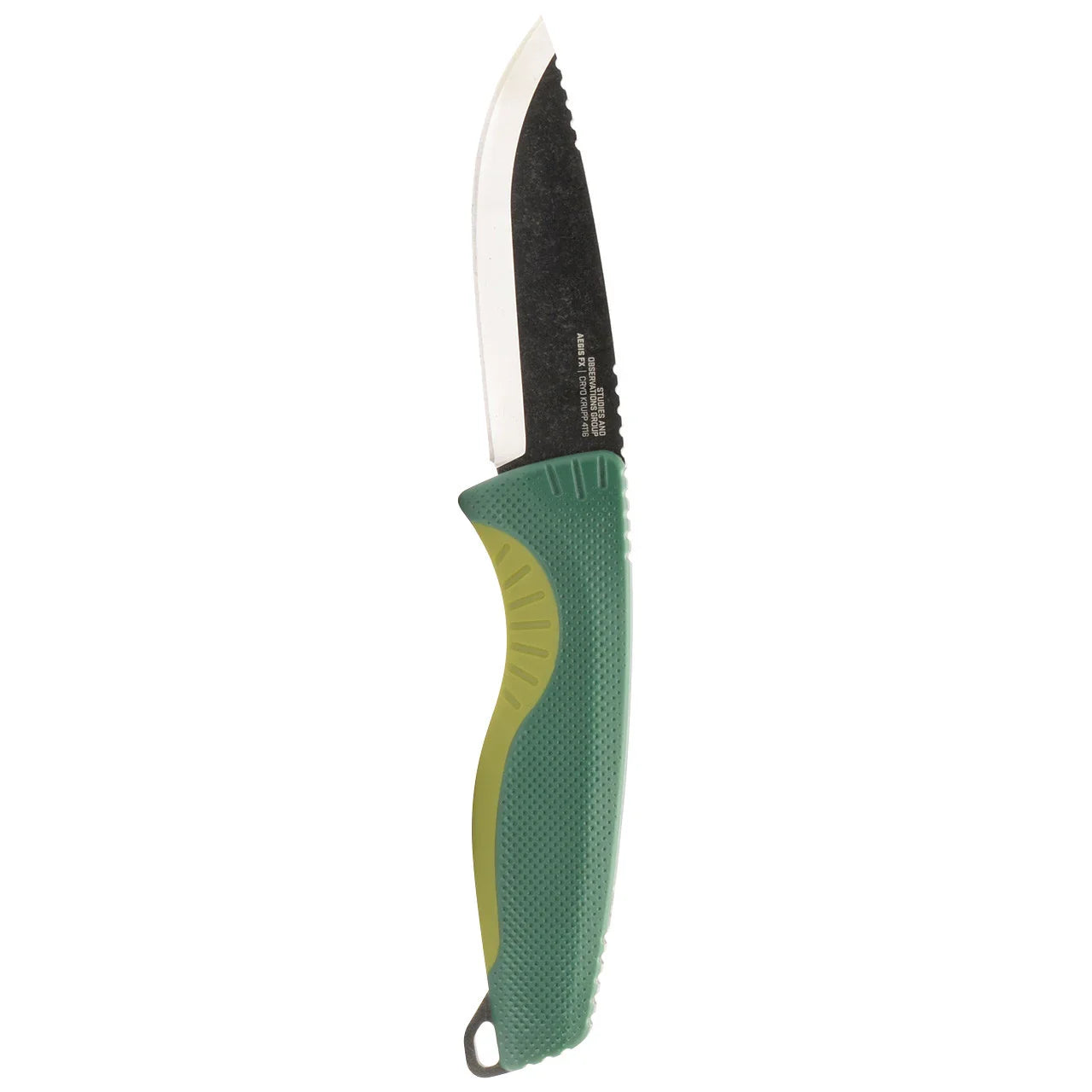 Outdoor fixed blade knife with green textured handle and stainless steel blade
