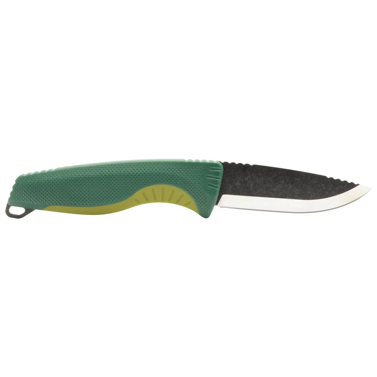 Fixed blade outdoor knife with green textured handle and black stonewashed blade