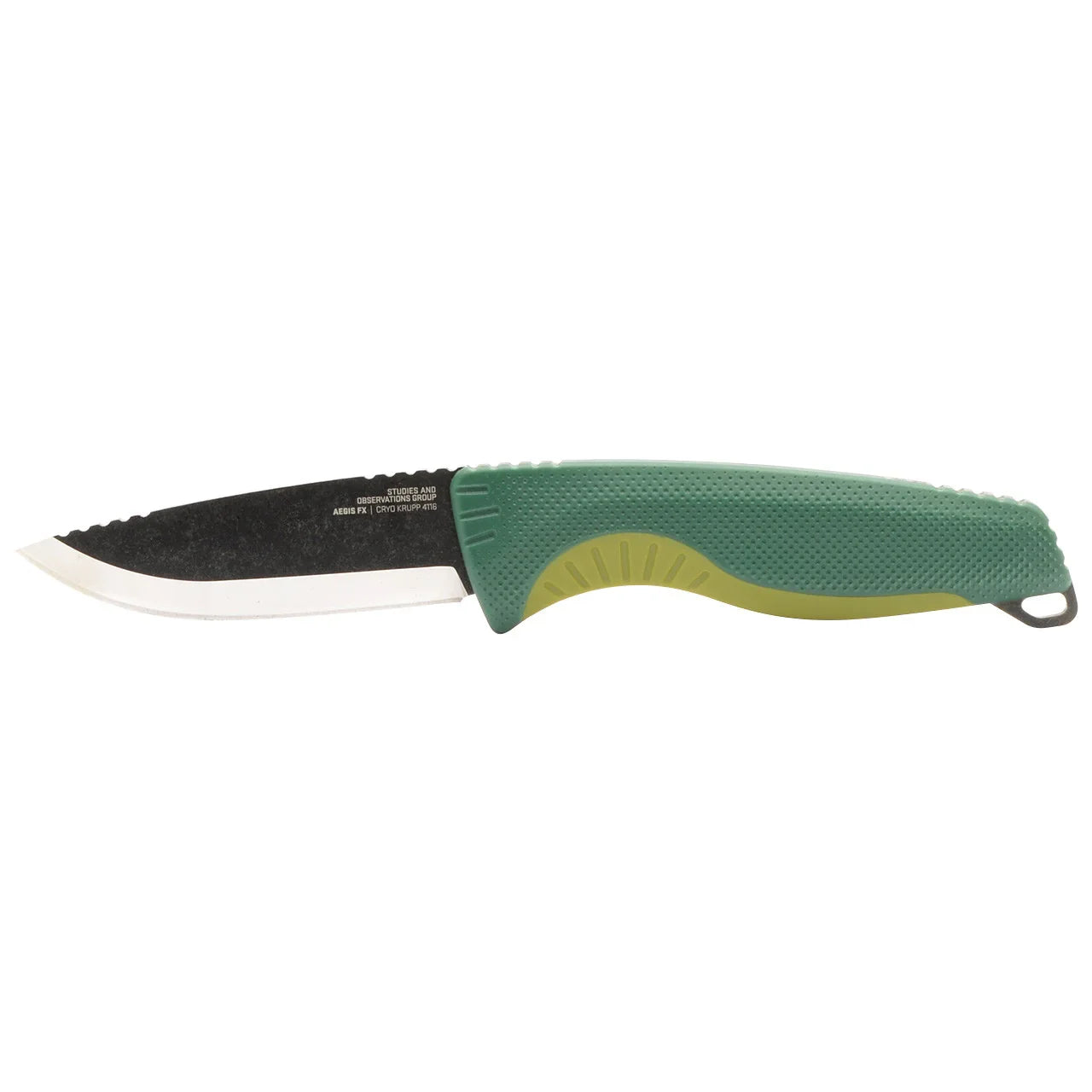 Fixed blade outdoor knife with green textured handle and black blade on white background