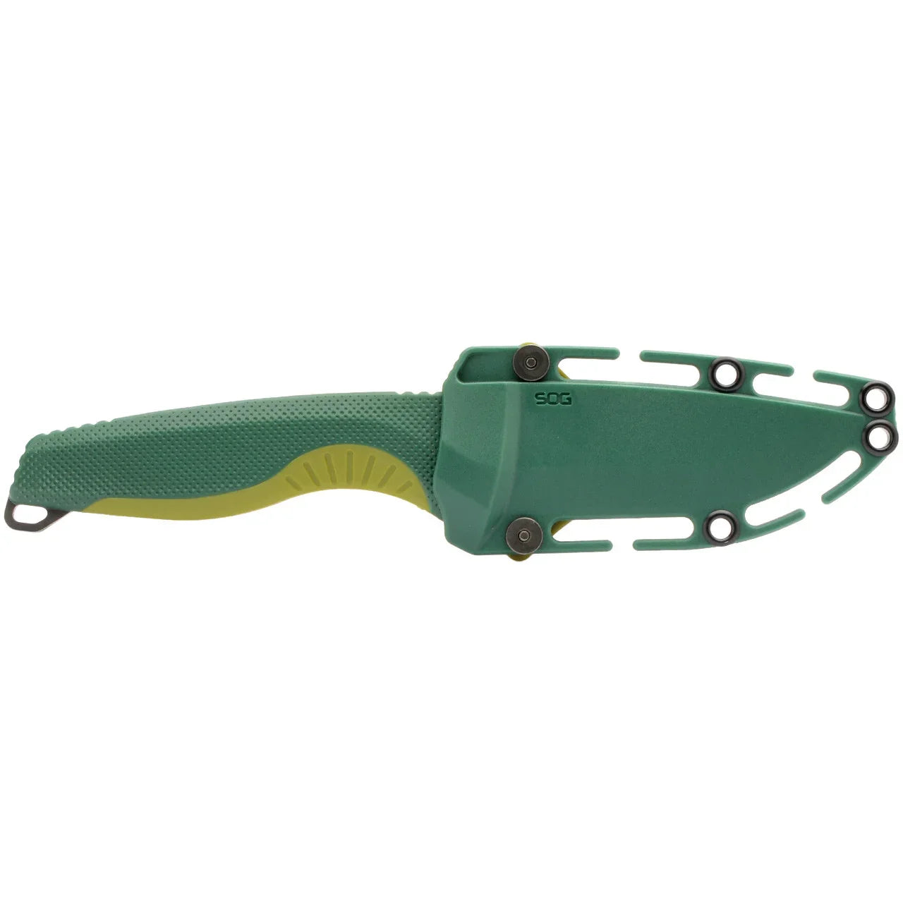 Green SOG fixed blade knife with textured handle and matching sheath, camping gear