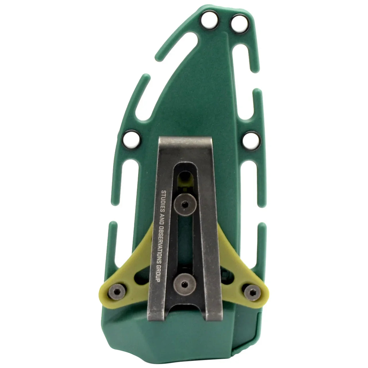 Green SOG knife sheath with metal belt clip and multiple lanyard holes