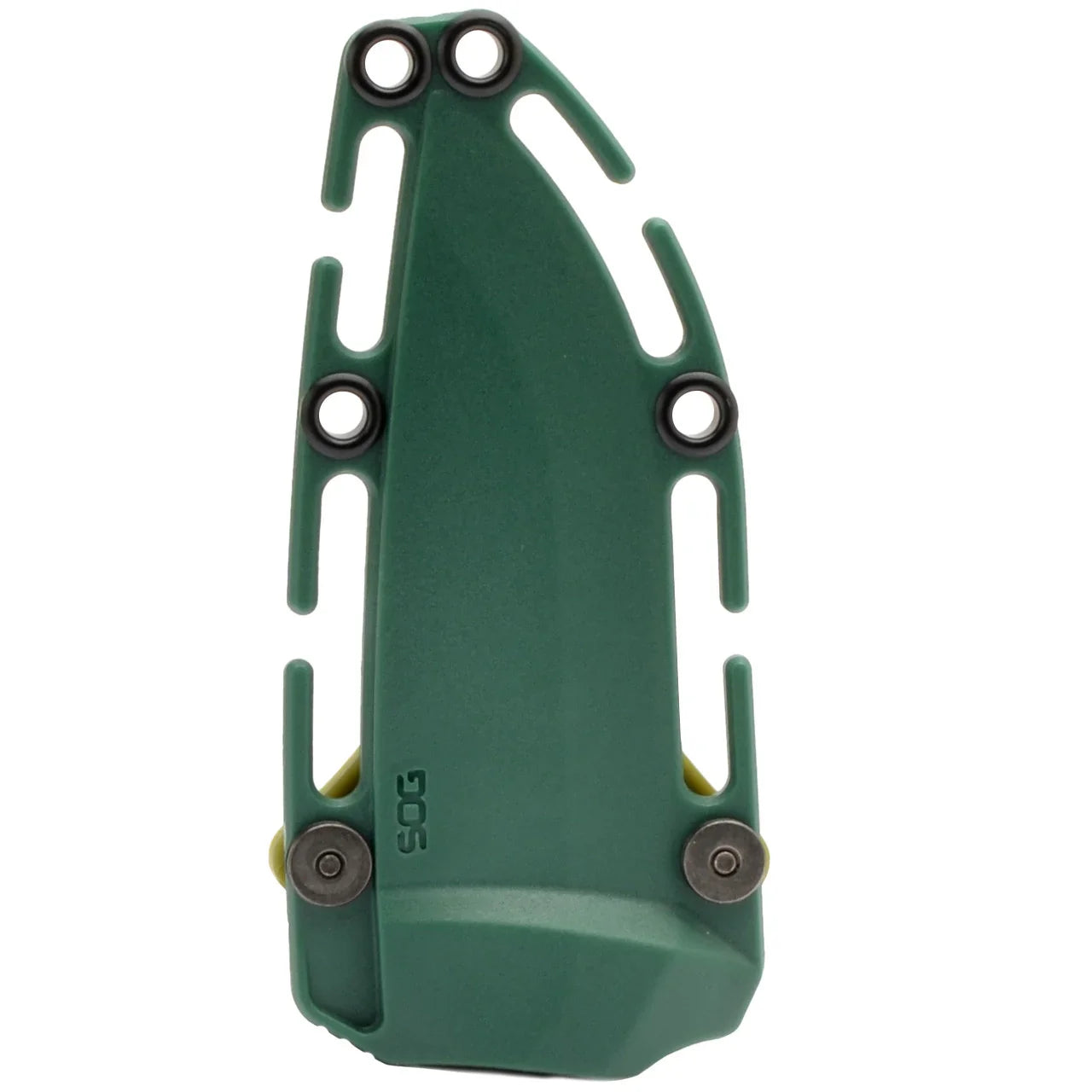 Green SOG knife sheath with multiple eyelets, durable polymer construction on white background