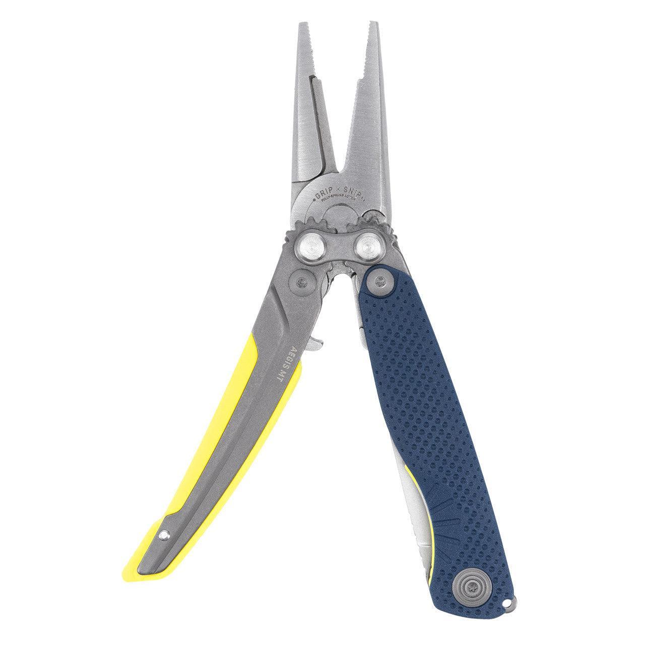 SOG Aegis multitool with pliers, blue and yellow handles on white background