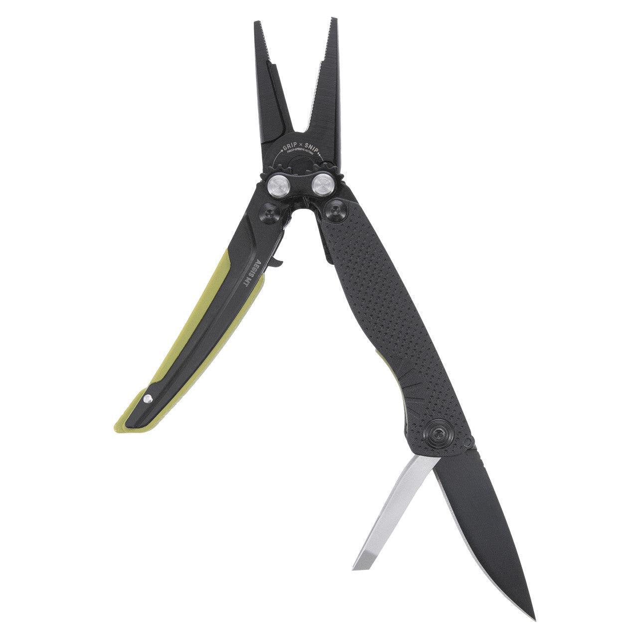 SOG Aegis multitool with black handles, pliers, and knife blade on white background