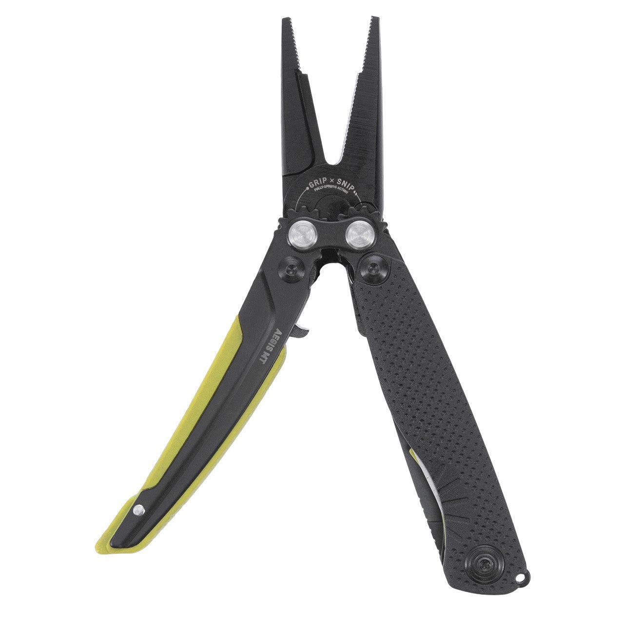 SOG Aegis MT multitool pliers with black and yellow handles on white background