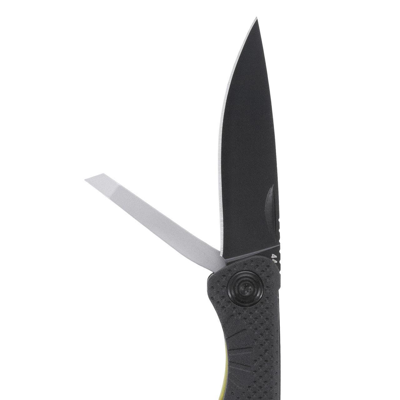 SOG Aegis MT folding knife with two open blades, textured black handle, white background.