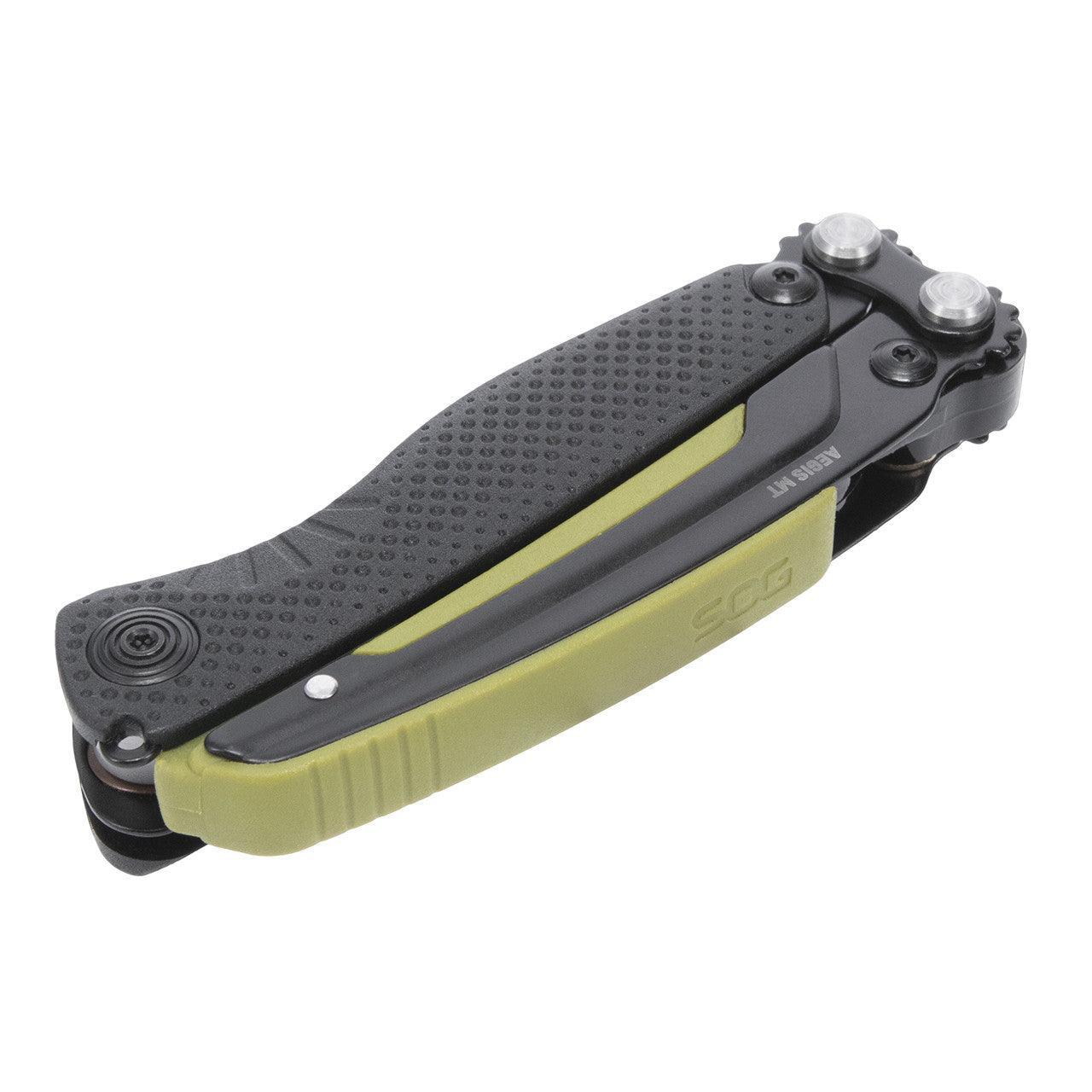 Folded SOG Aegis MT multi-tool with black and olive green handle on white background