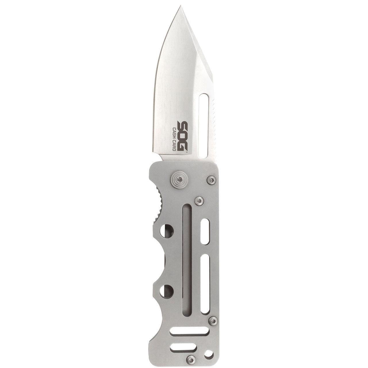 SOG Cash Card folding knife with skeletonized stainless steel handle on white background