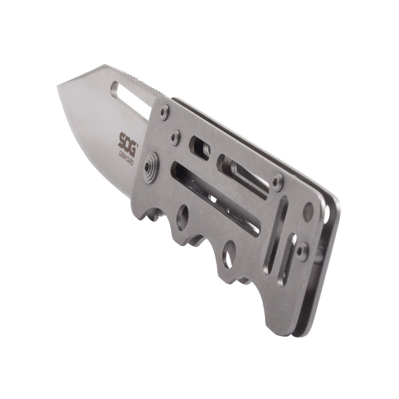 SOG Cash Card folding knife with stainless steel skeleton handle on white background