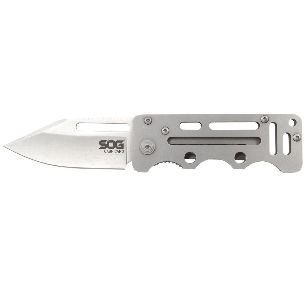 SOG Cash Card folding knife with stainless steel handle and open blade on white background