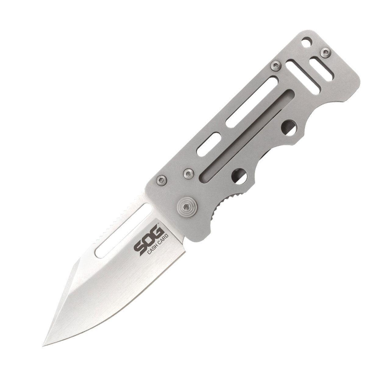 SOG Cash Card folding knife with stainless steel handle and open blade on white background