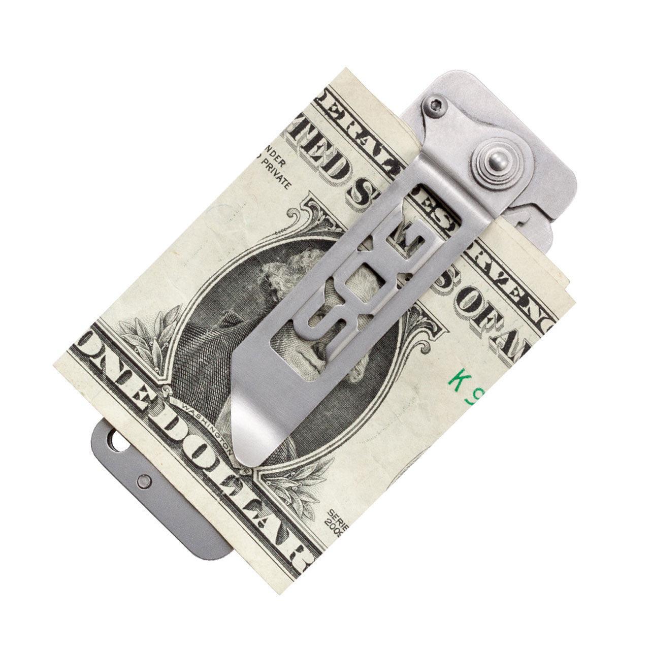 SOG Cash Card folding knife used as a money clip holding a folded dollar bill