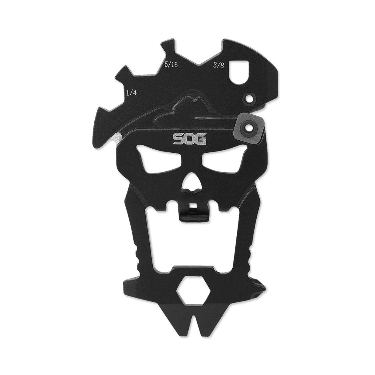 SOG MACV Tool multi-tool shaped like a skull with wrench sizes, black finish