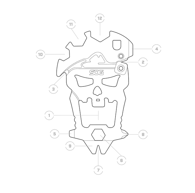 SOG MACV multi-tool black outline diagram, skull shape, labeled parts, outdoor gear