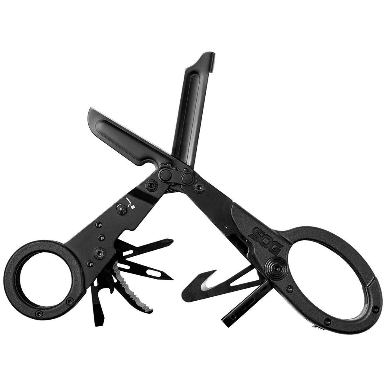 SOG ParaShears black multi-tool with open shears and fold-out tools on white background