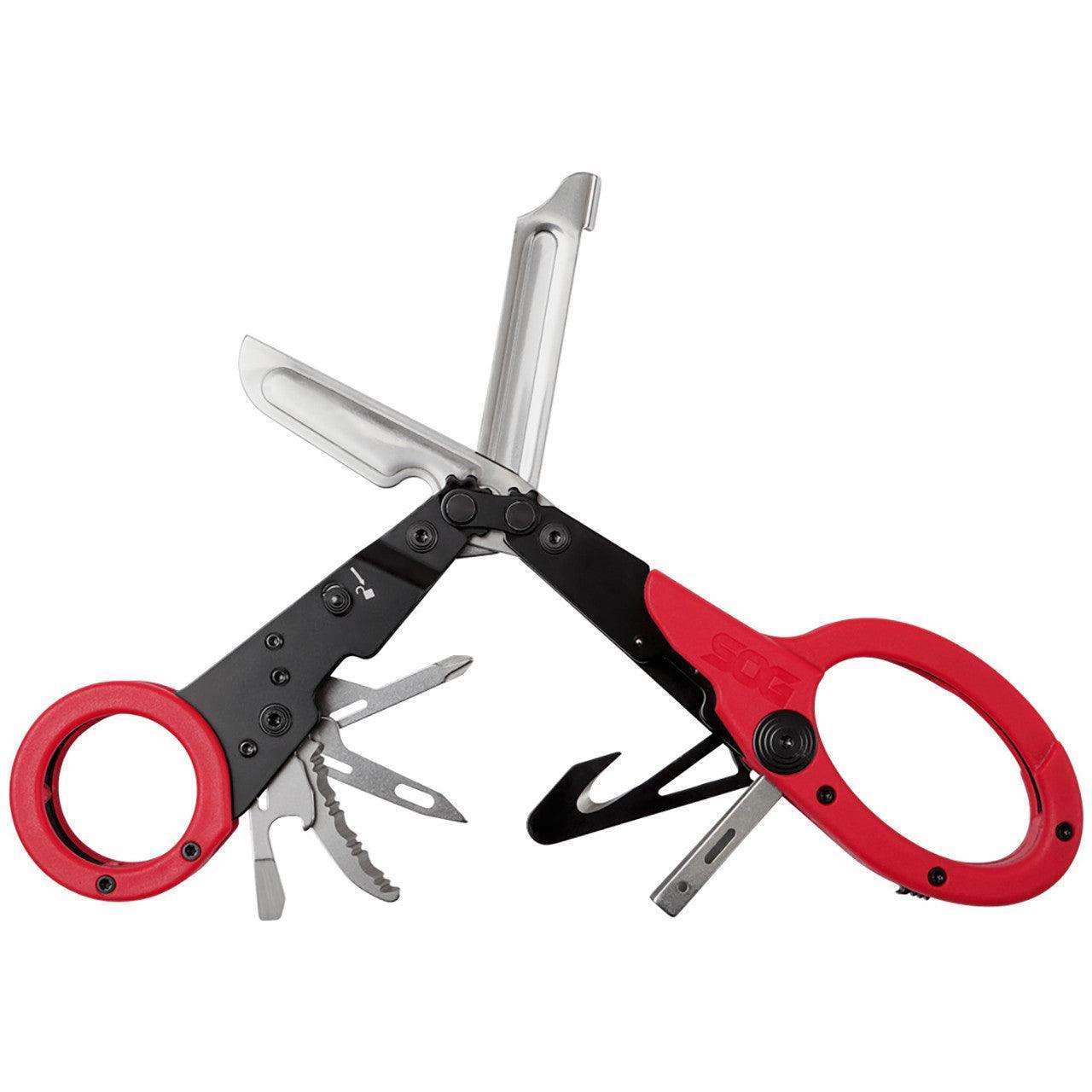 SOG Parashears multi-tool with red handles and open stainless steel tools