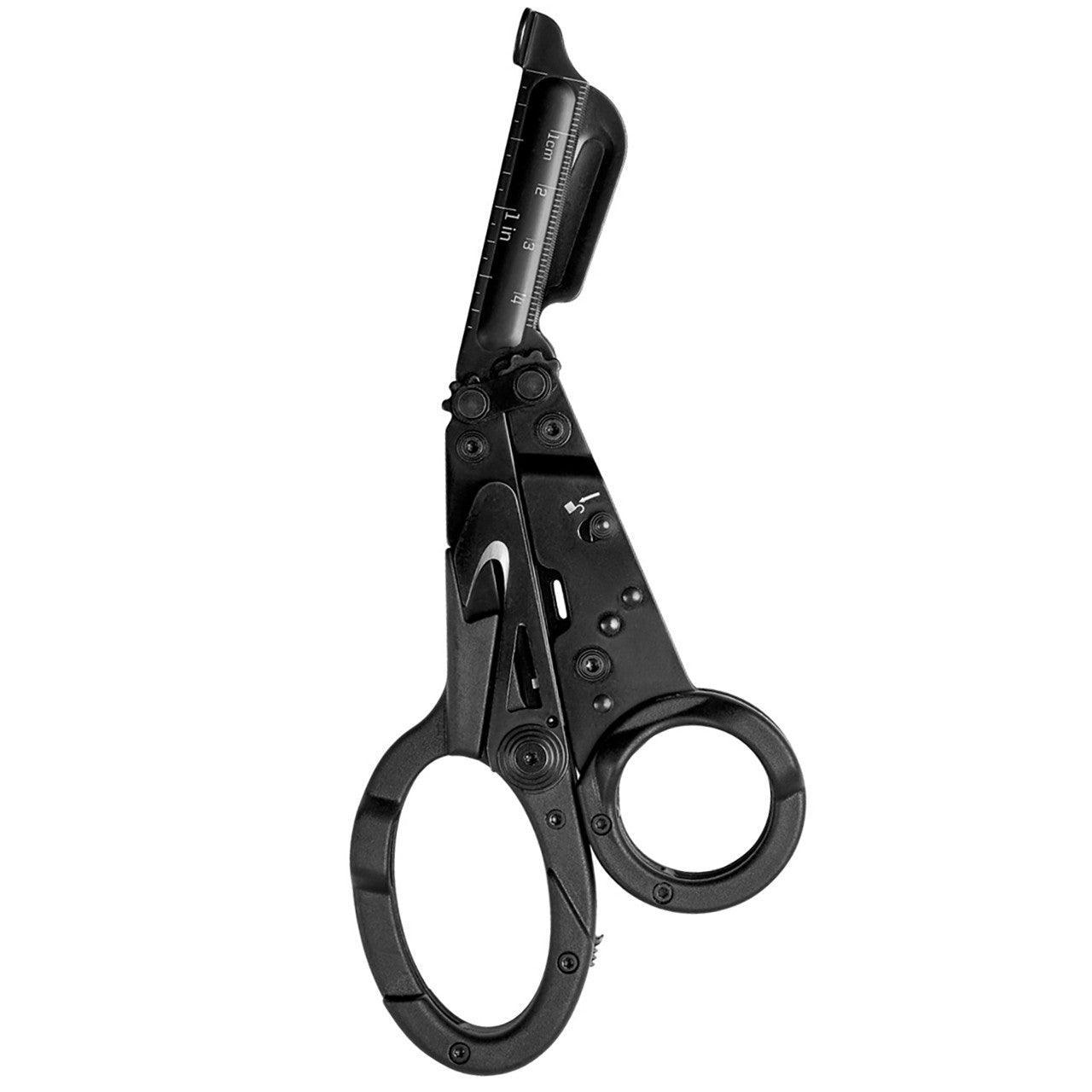 Black SOG Parashears multi-tool trauma shears with ruler on white background