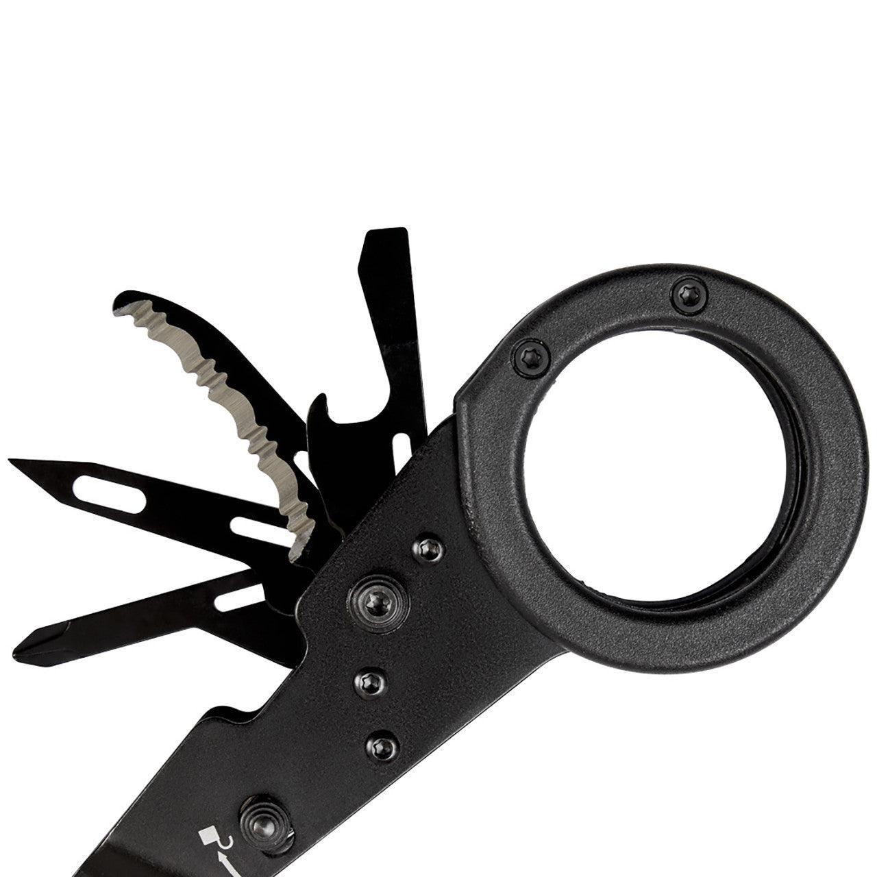 SOG ParaShears black multi-tool with open scissors and blades, close-up view