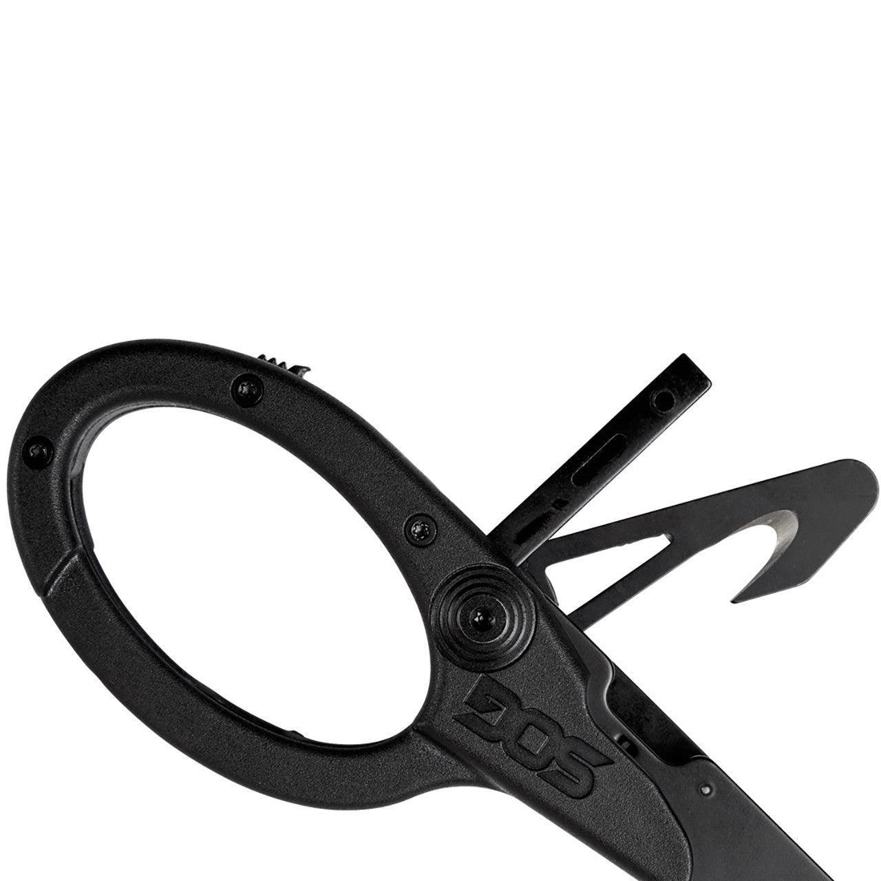 SOG Parashears black multi-tool with hook blade and screwdriver, close-up view