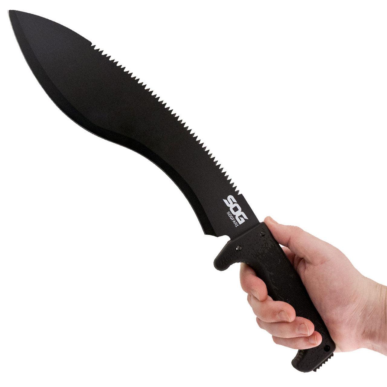 SOG SOGfari kukri machete with black blade and sawback, held in a hand