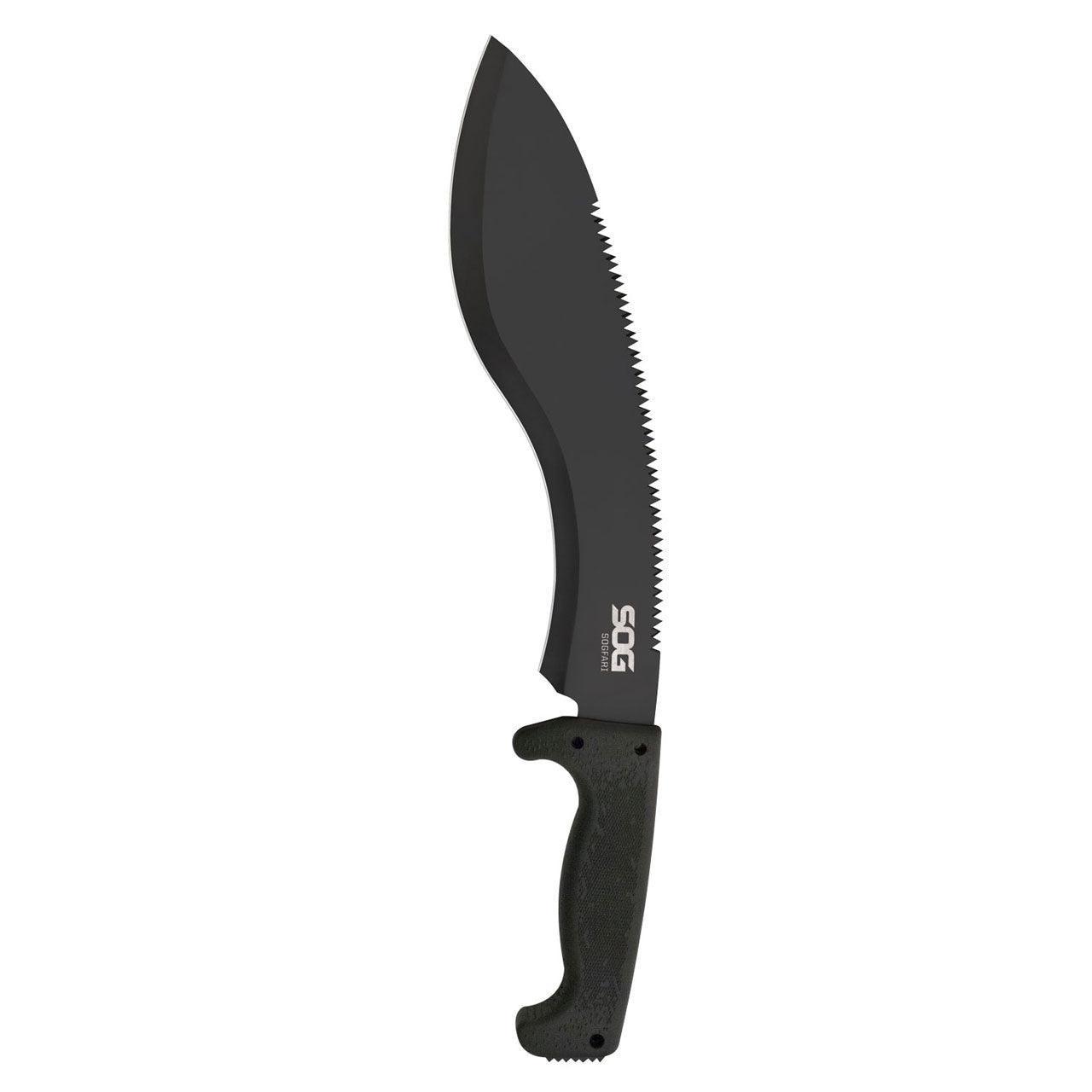 SOG Sogfari Kukri Machete with black curved blade and textured handle on white background
