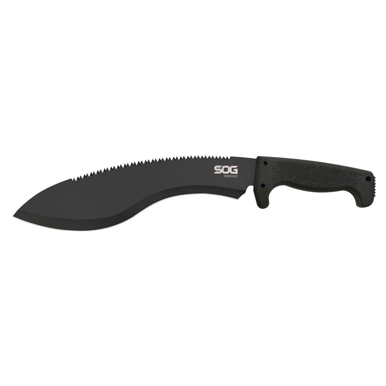 SOG SOGfari Kukri machete with black blade, serrated spine, and black handle on white background.