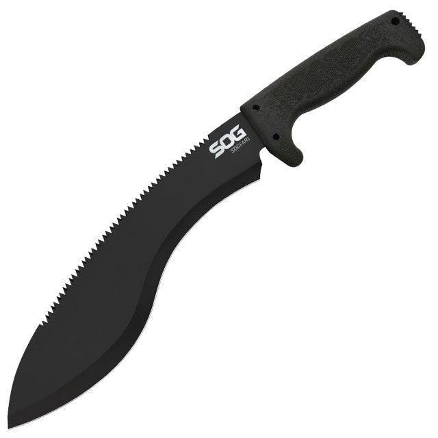 SOG SOGfari Kukri Machete with black blade and textured handle on white background