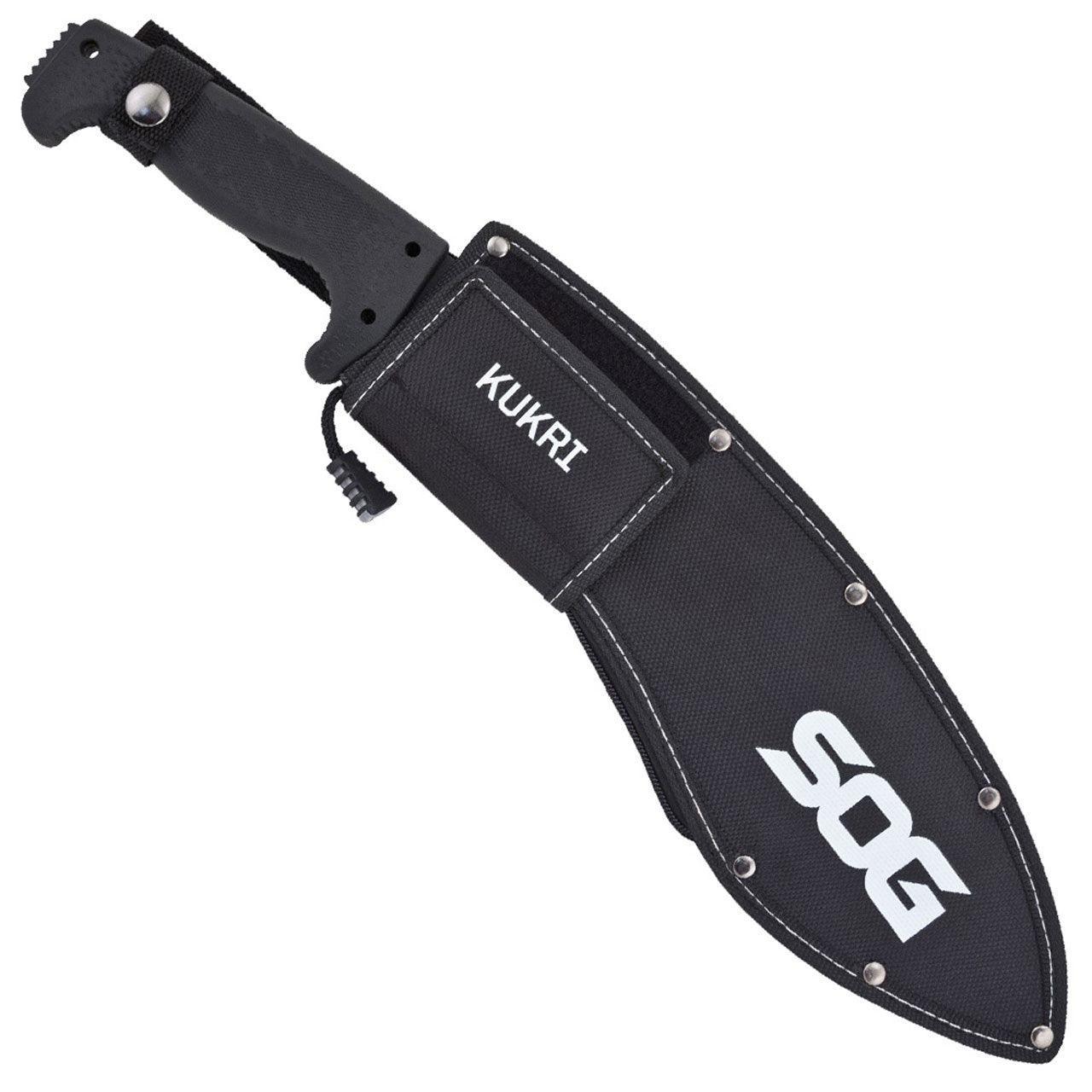 SOG Sogfari Kukri machete in black sheath with Kukri and SOG logos, outdoor gear