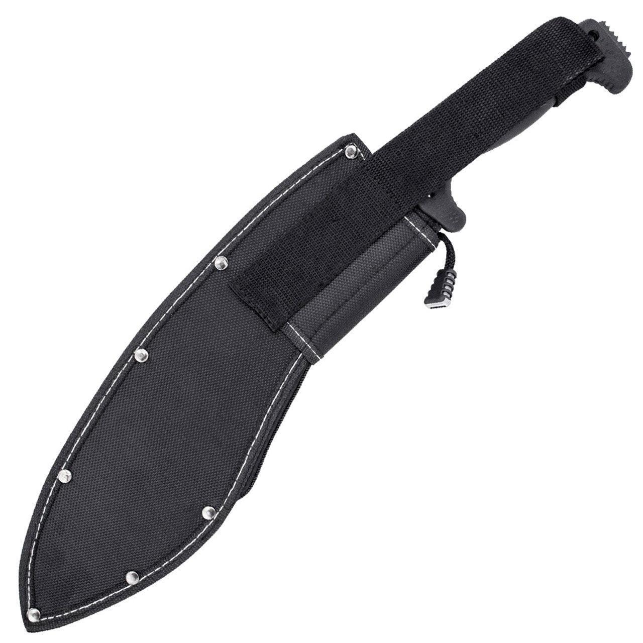 SOG SOGfari Kukri machete in black sheath with secure strap on white background