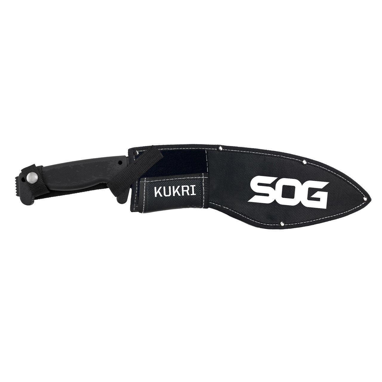 SOG Kukri machete with black sheath displaying SOG and Kukri text on white background